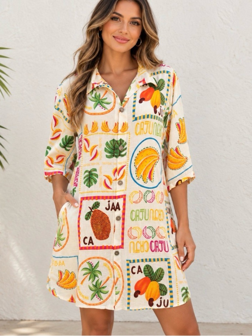 Women's Cream Tropical Print Swim Cover-Up Shirt Dress